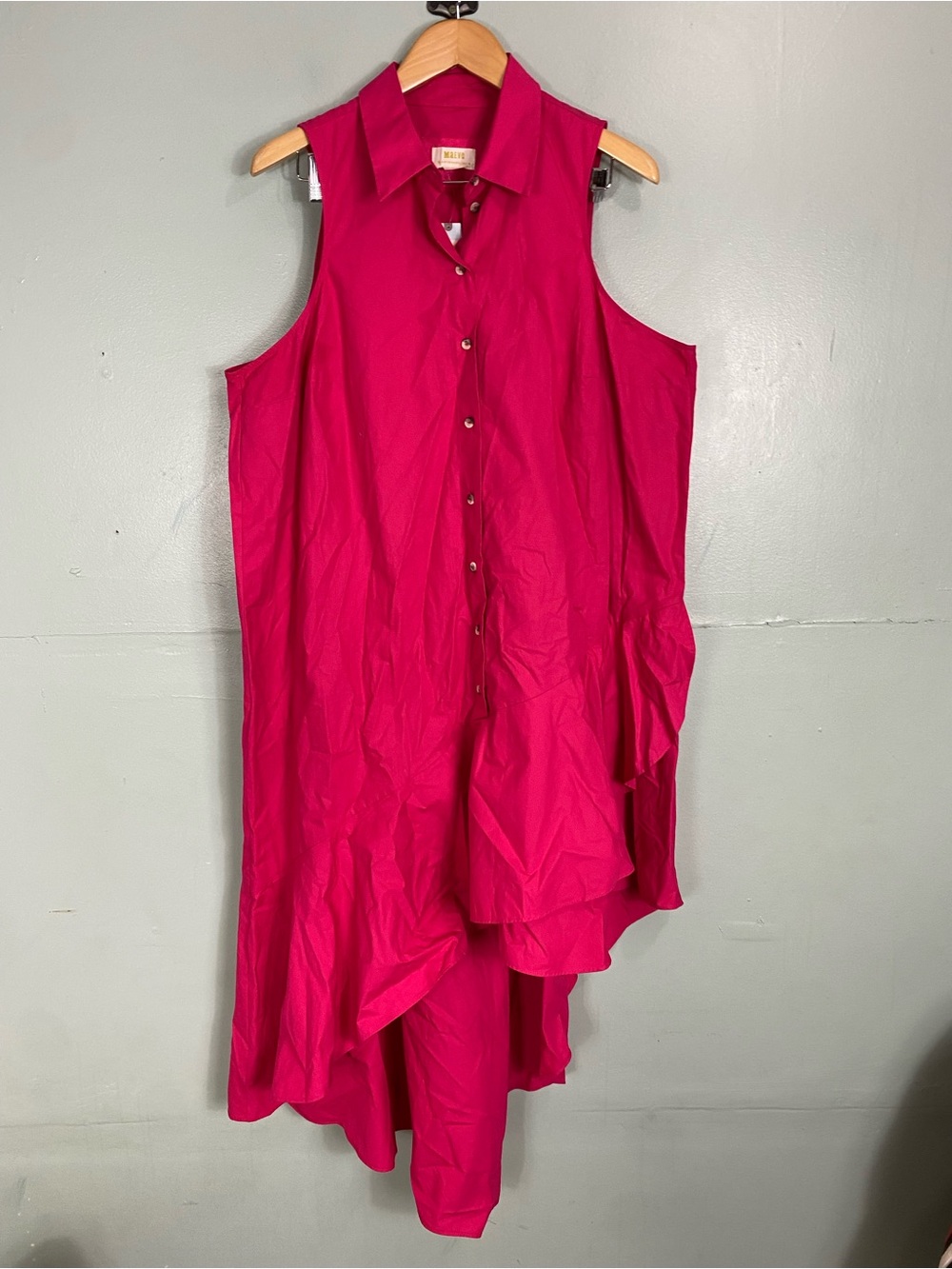 Anthropologie Sleeveless Buttondown Asymmetrical Ruffle-Hem Dress Sz 1X Fuschia